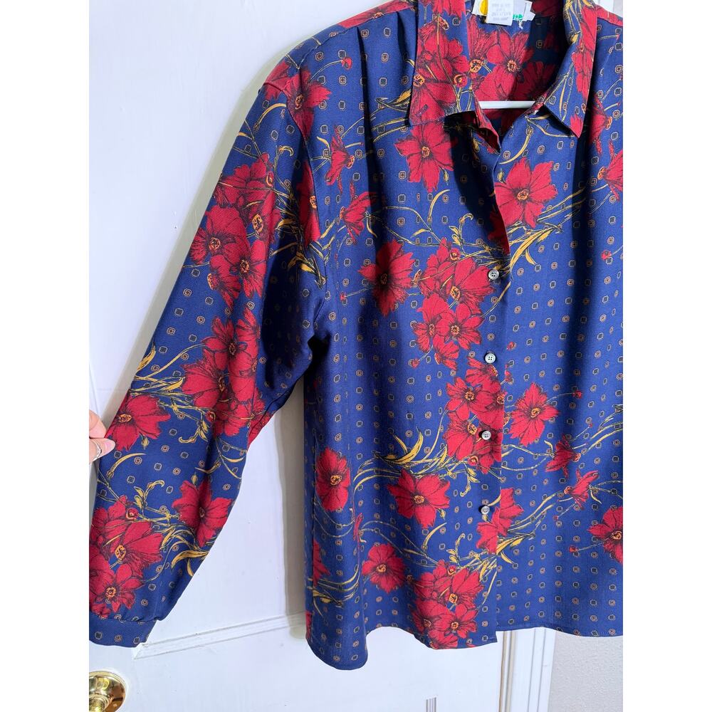 Vintage Breeches 100% Wool Floral Blouse Womens 14 Red Blue Button Shirt USA - Picture 2 of 8